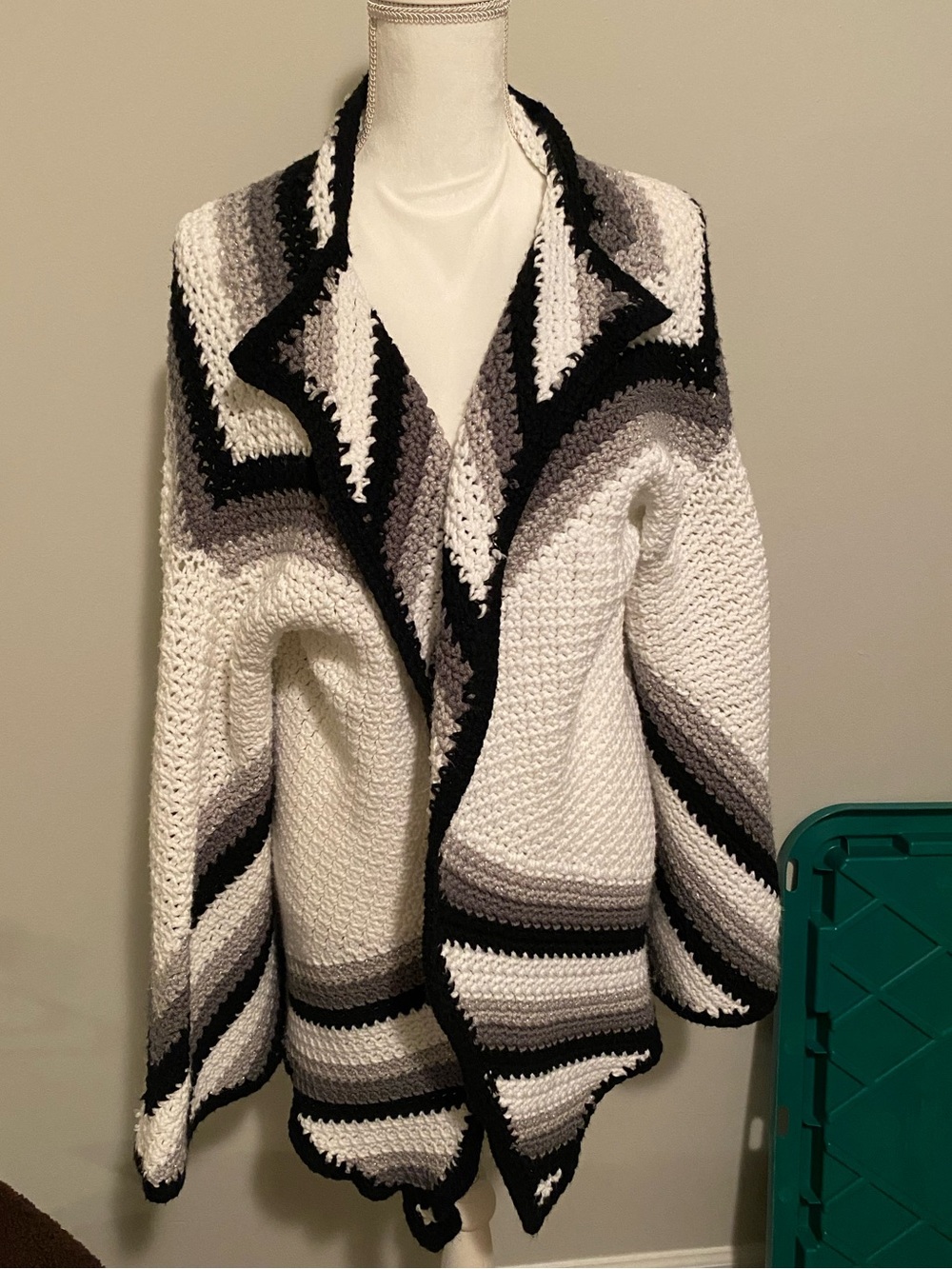Chunky Crochet Open Cardigan Sweater - White, Gray & Black Handmade Size XL